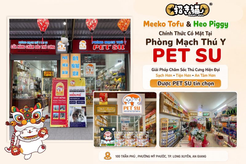 Meeko Mix Tofu và Heo Piggy chính thức có mặt tại hệ thống phòng mạch thú y PET SU An Giang. Không gian pet shop hiện đại cùng các dòng cát vệ sinh mèo phù hợp cho nhu cầu chăm sóc thú cưng hằng ngày.