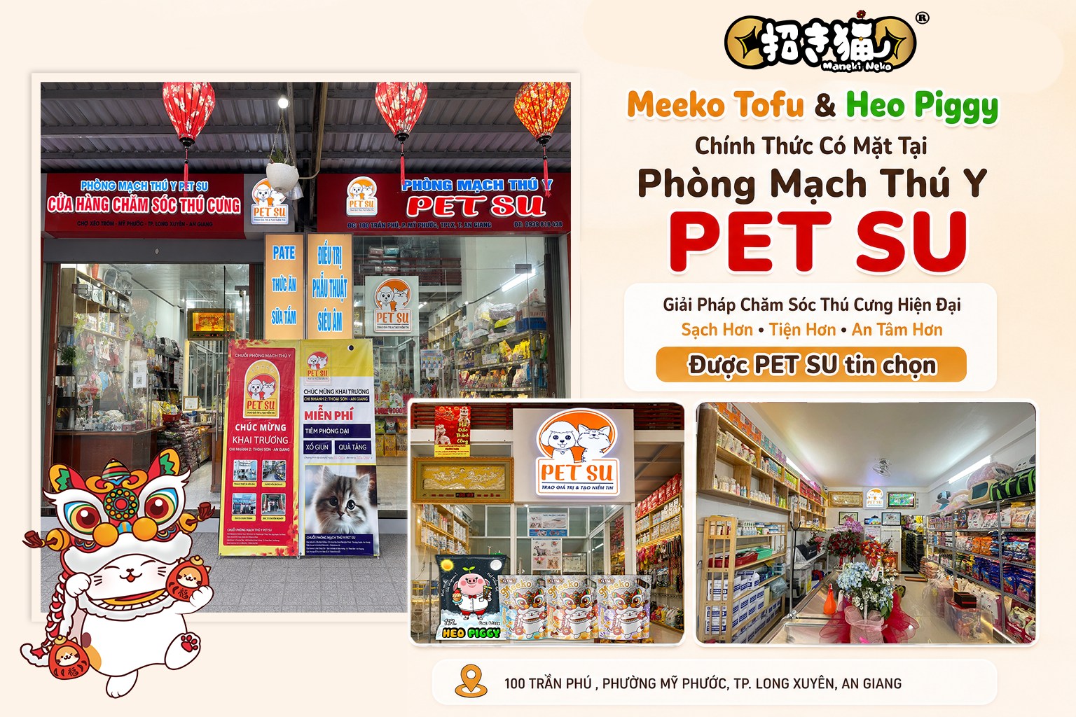 Meeko Mix Tofu và Heo Piggy chính thức có mặt tại hệ thống phòng mạch thú y PET SU An Giang. Không gian pet shop hiện đại cùng các dòng cát vệ sinh mèo phù hợp cho nhu cầu chăm sóc thú cưng hằng ngày.