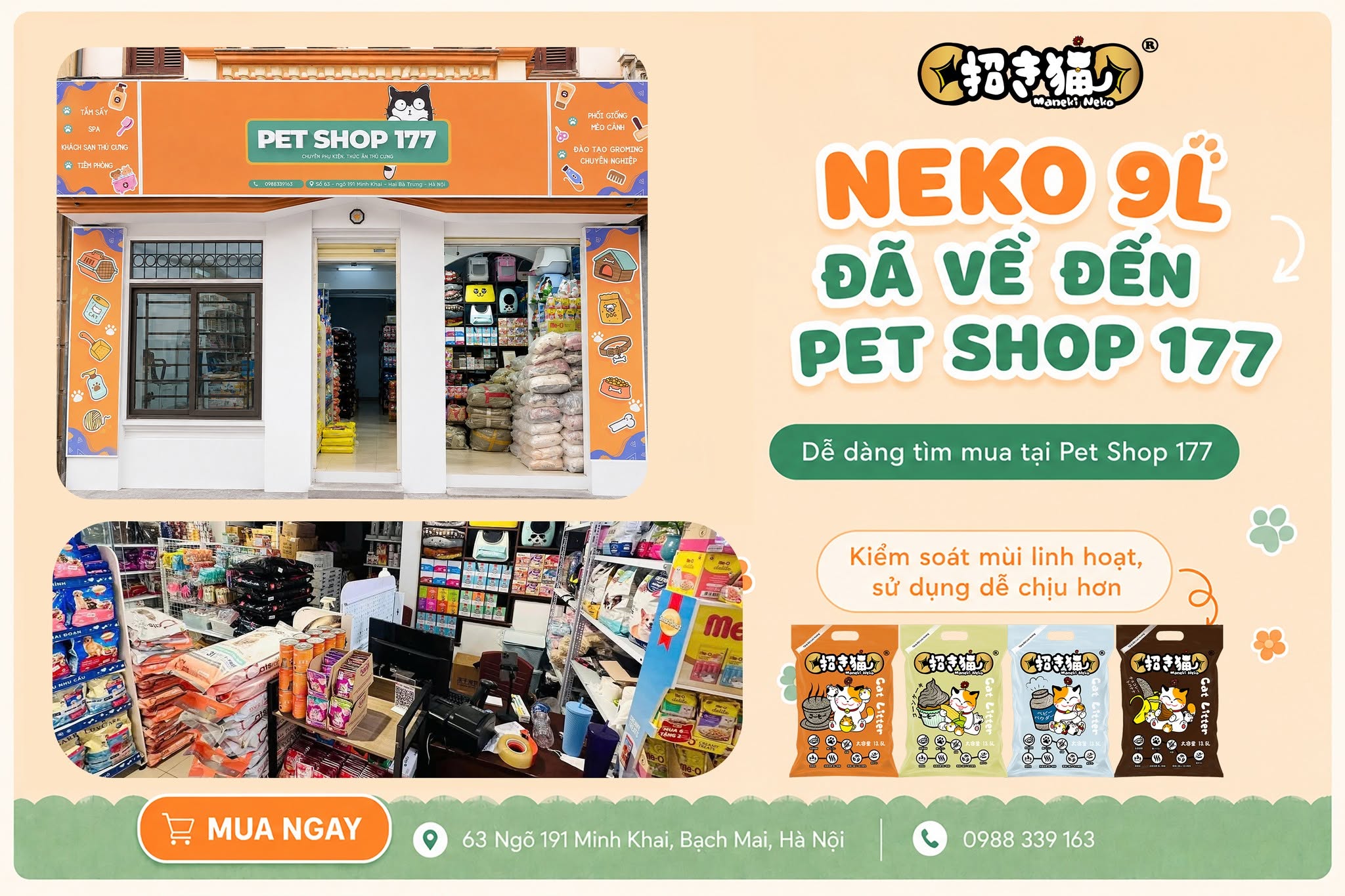 NEKO 9L chính thức lên kệ tại Petshop 177 Hà Nội - địa chỉ mua cát vệ sinh mèo uy tín
