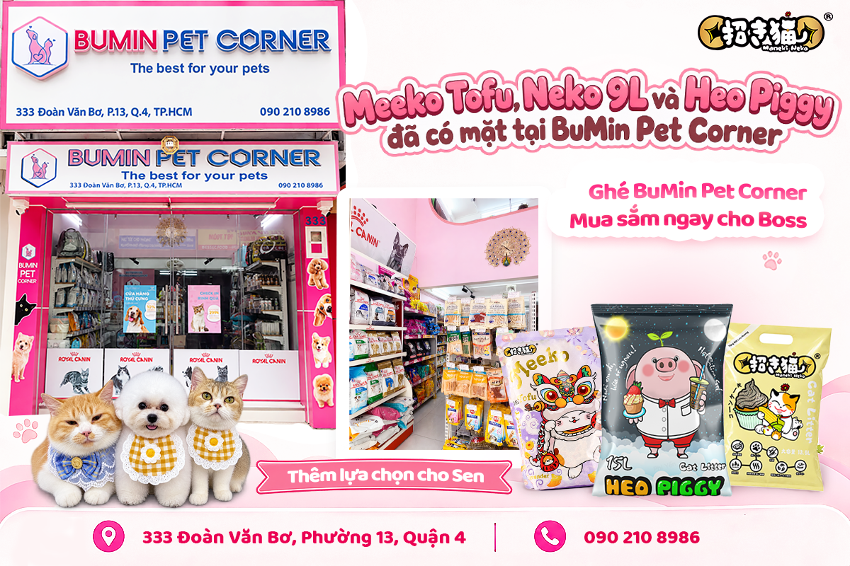 Hình ảnh BuMin Pet Corner tại Quận 4 cùng các dòng cát mèo Meeko Tofu, Neko 9L và Heo Piggy.