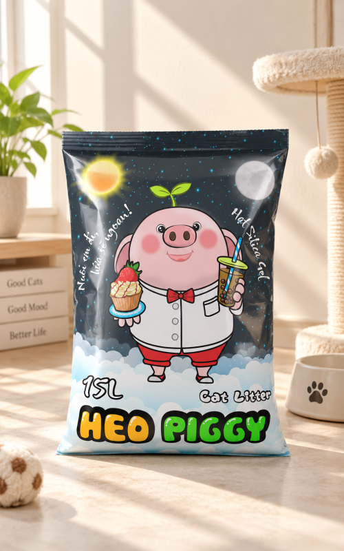 Hình ảnh cát mèo Heo Piggy với thiết kế bao bì nổi bật, dòng cát dung tích lớn đã có mặt tại BuMin Pet Corner.