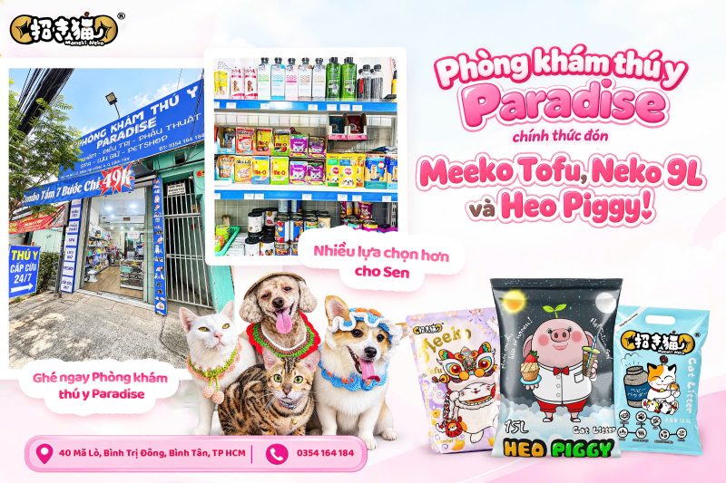 Phòng Khám Thú Y Paradise tại Bình Tân, nơi sen có thể tìm thấy Meeko Mix Tofu, Neko 9L và Heo Piggy cùng các sản phẩm chăm sóc thú cưng.
