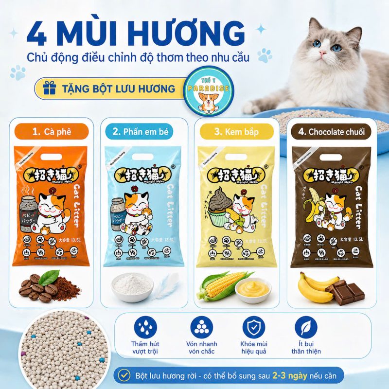 Neko 9L tại Phòng Khám Thú Y Paradise với 4 mùi hương đa dạng, kèm túi lưu hương riêng giúp sen chủ động điều chỉnh hương theo sở thích.